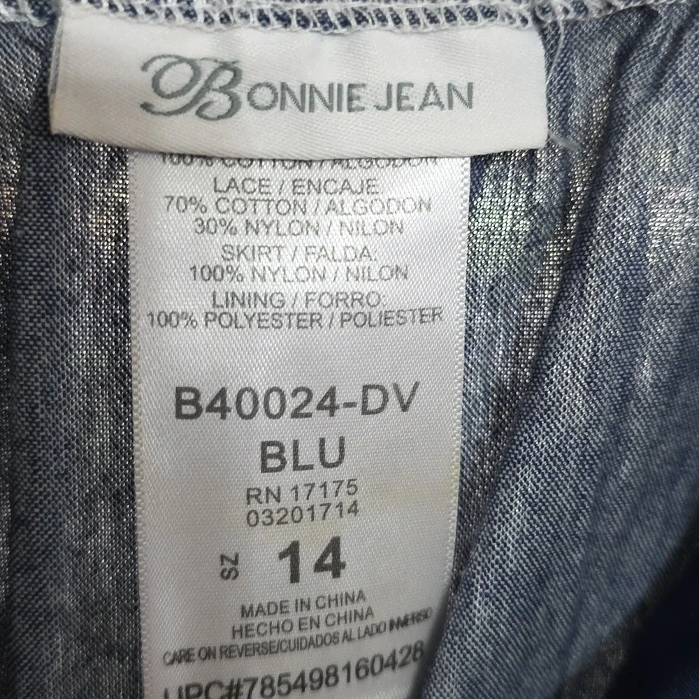 Bonnie‎ Jean Girls Chambray Denim Dress White Tulle Lace Ties Sz 14 EUC